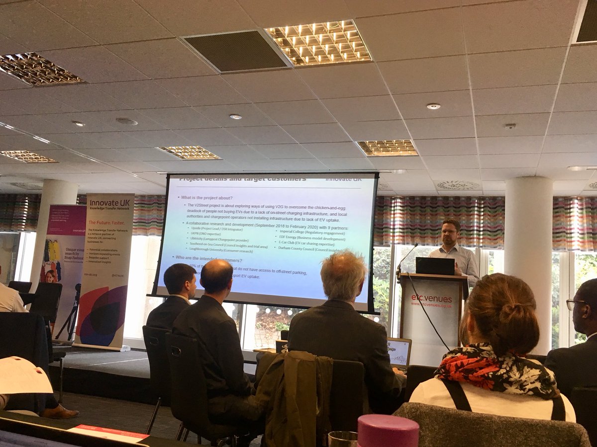 drrebeccacain's tweet image. Fascinating to hear about the 20 #v2g #vehicle2grid #ev projects funded by @innovateuk. Value propositions and consumer acceptance a challenge for many! Here’s Mitchell from @upsideenergy presenting our V2Street project.