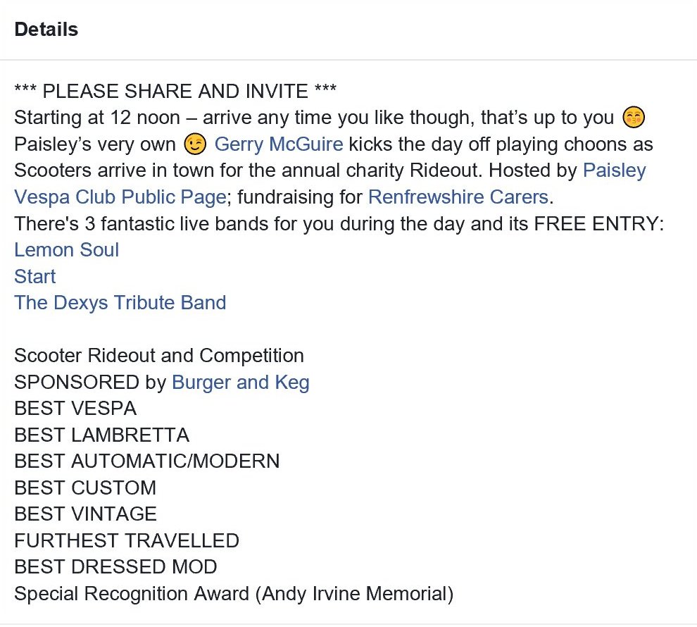LNPPromotions's tweet image. #Modstuff #Paisley 2018 - Daytime @SpreeFestival
Scooter Rideout &amp;amp; Competition
PLEASE RT &amp;amp; INVITE
Hosted by Paisley Vespa Club fundraising for @Rcarers 
3 fantastic live bands &amp;amp; its FREE ENTRY:
Lemon Soul @startmodband Dexys Tribute Band