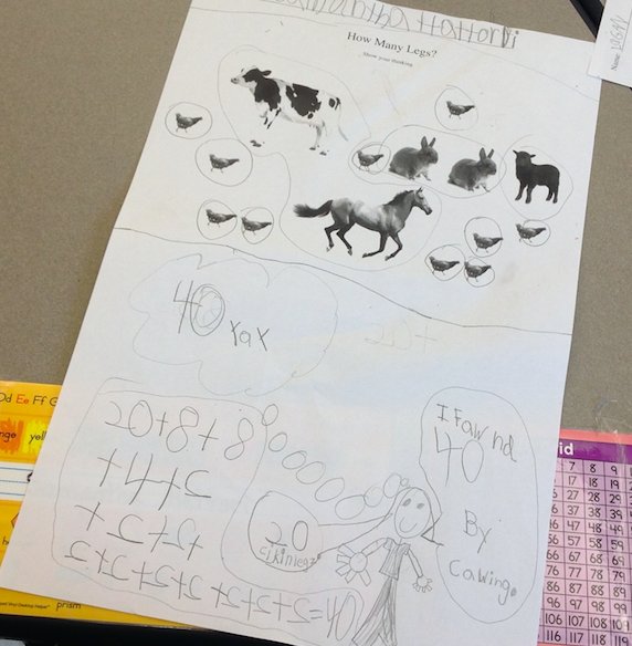 RawdingMolly's tweet photo. Mathematicians in Gr1 exploring "How Many Legs?" on the farm. These creative and thoughtful mathematicians show their thinking in so many different ways! @FiskeMath @FiskeSchool #LtLMath #LPSelemMath #noticewonder @TomMartellone https://t.co/pZSjqWCi9U