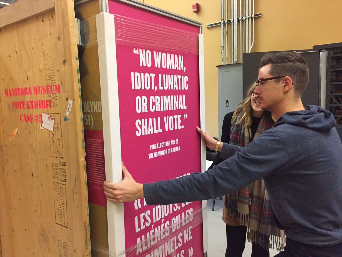 TimminsMNEC's tweet photo. We’re unpacking our next show here at the museum! Nice Women Don’t Want the Vite, from @ManitobaMuseum, opens on Thursday. #votesforwomen #suffrage #100years https://t.co/NWa1X9vq9S