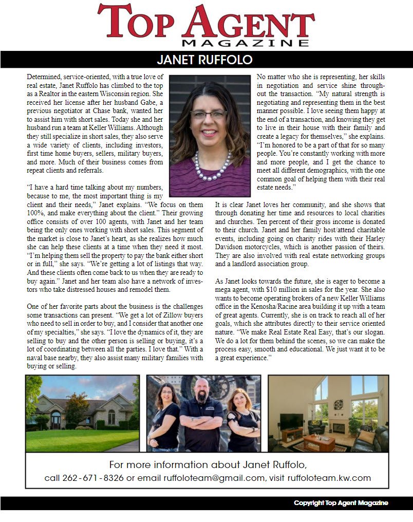 RuffoloTeam's tweet photo. Check out the Article about the Janet Ruffolo Team and myself in Top Agent Magazine!!! 😊😊😊🏡🏡🏡

#janetruffoloteam
#wemakerealestaterealeasy 
#ruffololife 
#kwagent 
#kwsells 
#topagentmagazine 
#kenoshaagent 
#foxconnrealtor  
#topwirealtor 
#sellwithme 
#buywithme https://t.co/CBKhYcdJg5