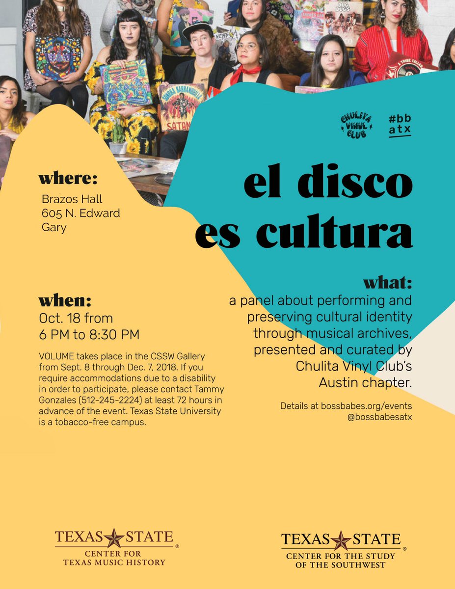 Excited to bring dj collective Chulita Vinyl Club to Texas State for a panel and performance in Brazos Hall October 18th with @TXMusicHistory and @CSSWTXST #eldiscoescultura