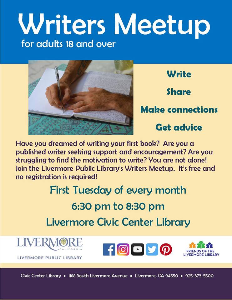 LivLibrary's tweet image. It's time again for our monthly #WritersMeetup. Come to the Civic Center Library in #Livermore tonight at 6:30 to share your work and make connections with fellow local writers. No registration required. cityoflivermore.net/citygov/lib/ca…