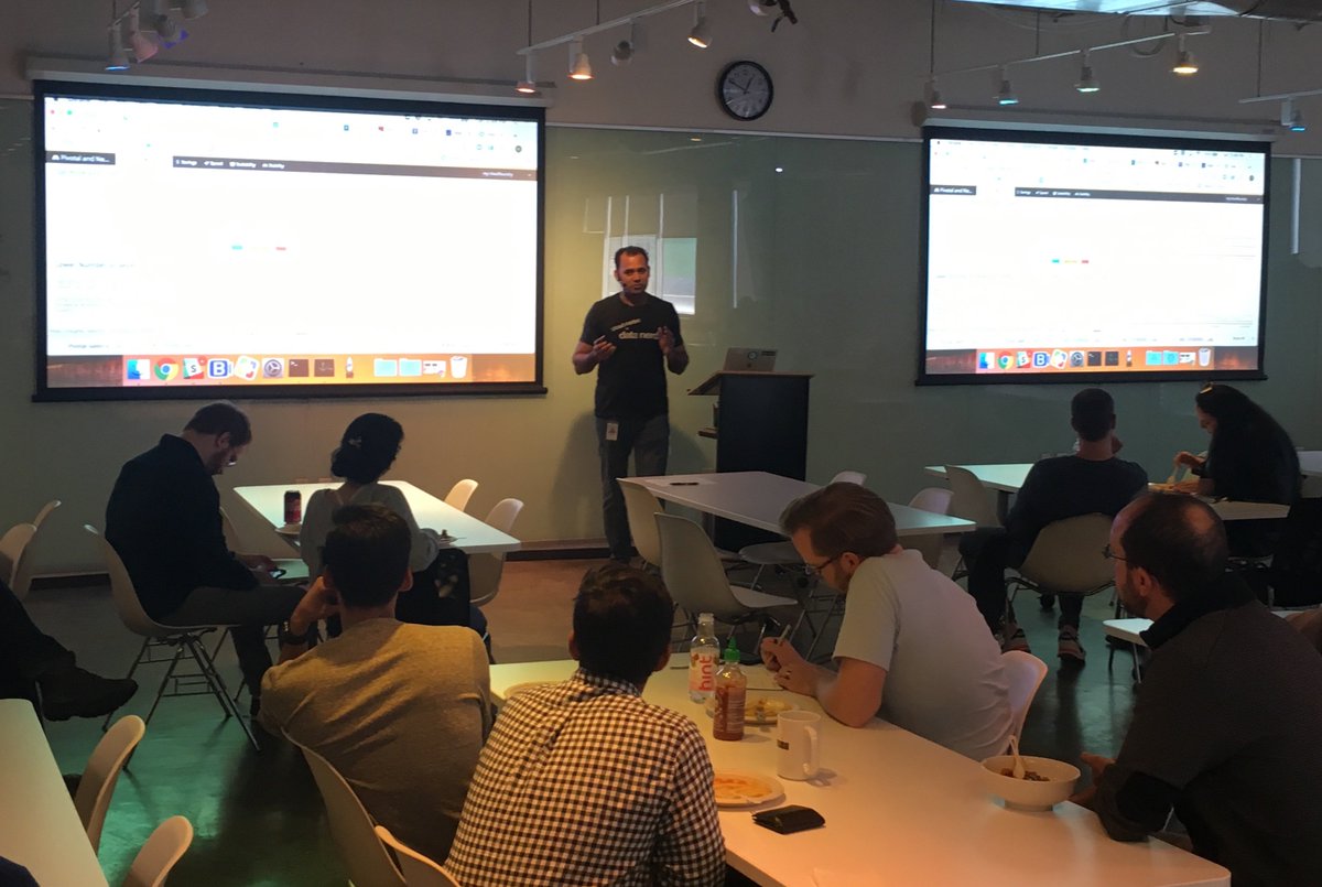 badnima's tweet photo. A Data Nerd came by to give us a tech talk at @pivotal SF. #monitorallthethings https://t.co/KSlUuUkROW