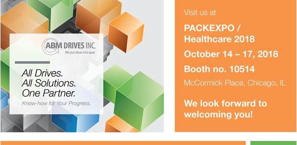 ABMDrivesInc's tweet photo. ABM will Exhibit at PACKEXPO Healthcare 2018 Chicago, IL Oct. 14-17. The ABM team looks forward to welcoming you at Booth 10514 and discussing your drive needs. https://t.co/R2UaNBP1ti