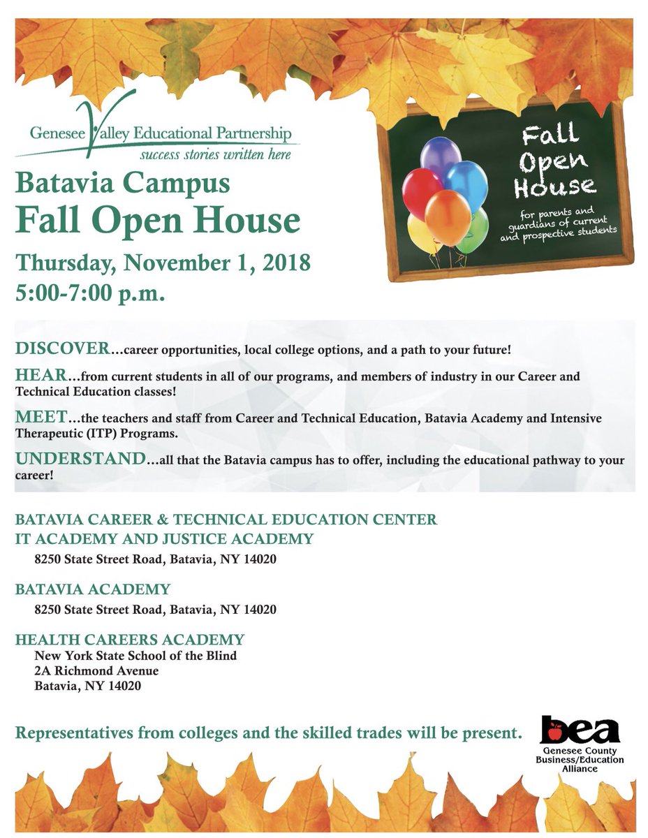 SarahMLuczak's tweet photo. @BataviaCTE & @BataviaAcademy Open House is right around the corner!! Mark your calendars! #GVEPride #tellourstory #fallopenhouse https://t.co/KoA0A4OKxd