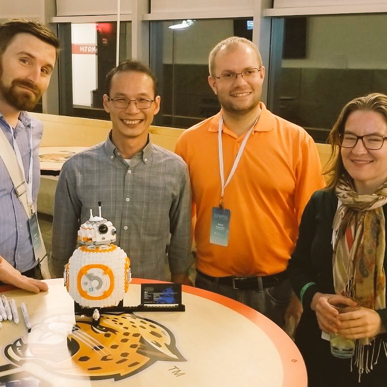 sunapsisteam's tweet photo. They did it! BB8 has been formed by Kathryn, Cameron, and Michael!! @gilibean calls it for her desk at the #sunapsis headquarters! UBuildIt was a huge success, 50 requests and officially coded 15! #livecodingparty #legos #sunapsis18 https://t.co/d2UoNWTglS
