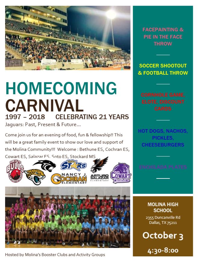 Homecoming Carnival at @Molina_HS tomorrow from 4:30 pm - 8:00 pm! Make sure you come out and support the students! See you there!