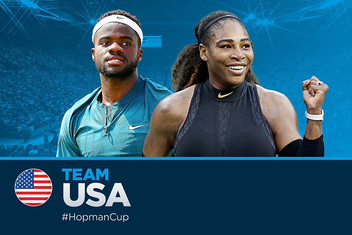 hopmancup's tweet photo. Greatness returns to #Perth. @serenawilliams is flying the US flag for the fifth time and is joined by @FTiafoe. #HopmanCup https://t.co/7PGPtYgBTm