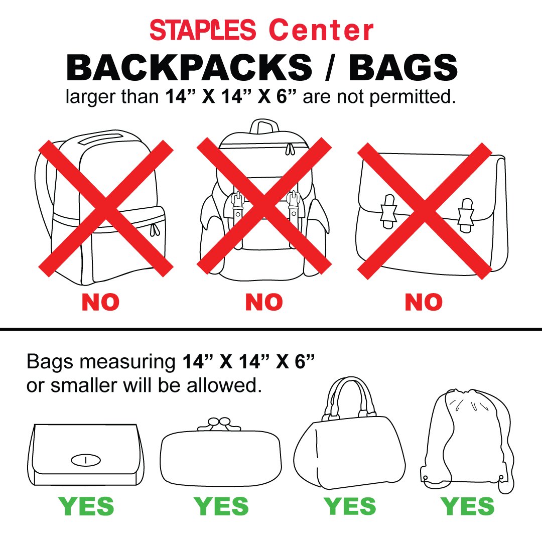 If you are coming to the game tonight please remember backpacks of any size  and all bags larger than 14”x14”x6” are not permitted inside STAPLES  Center. #LakeShow
