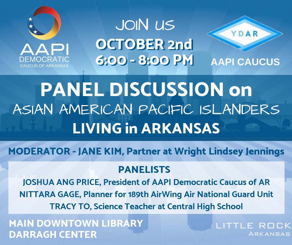 AAPIDemsofAR's tweet photo. Join us &amp; the @AAPIYoungDemsAR tonight for a panel &amp; Q&amp;A discussion on the role #AsianAmericans &amp; #PacificIslanders play in #Arkansas &amp; the issues &amp; concerns of our state's #AAPI communities!

#RepresentationMatters #AAPIDems #AAPIDemsofAR #arpx https://t.co/s0b01pCcJF