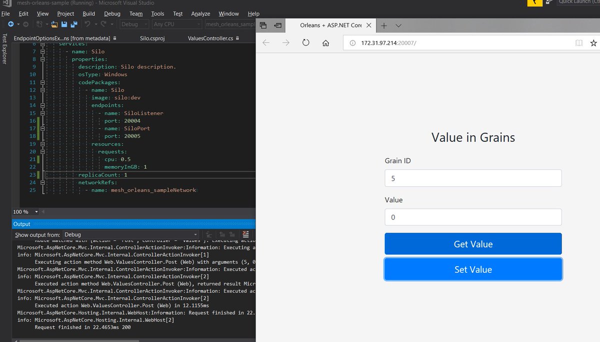 bjorkstromm's tweet photo. Playing with @msftorleans and #AzureServiceFabricMesh. Now I'm only waiting for #AzureServiceFabric 6.4 and  Standalone Reliable Collections to implement Orleans cluster configuration in Mesh.

Sample here:
https://t.co/GIe0vbdfTC https://t.co/hbmsJXuR9G