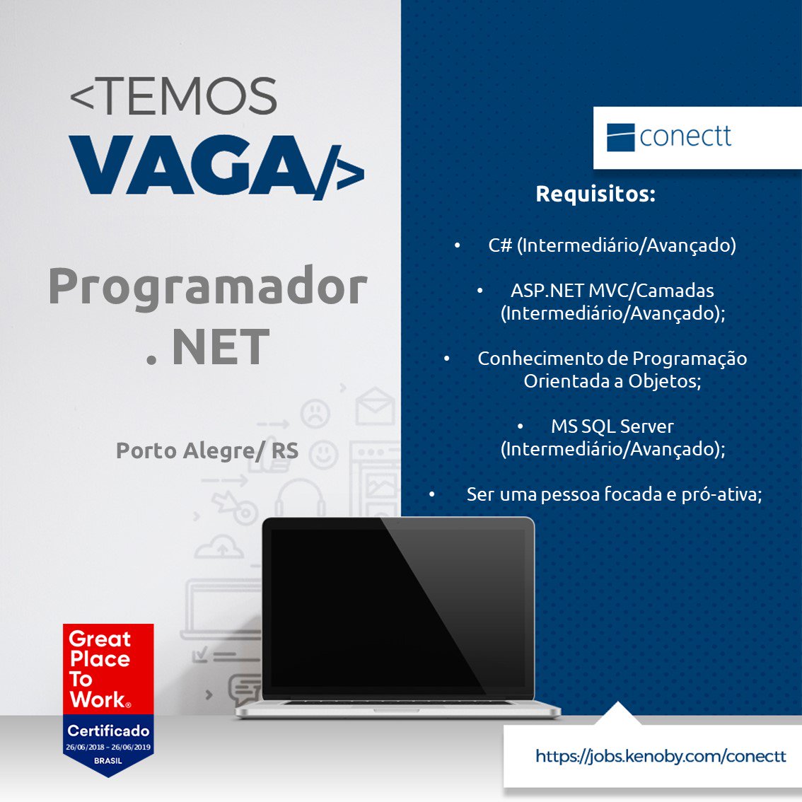 grupoconectt's tweet photo. TEMOS VAGA:
Porto Alegre/RS
Acesse: https://t.co/aPsEEJCiR1 https://t.co/1dYLbEy7GN