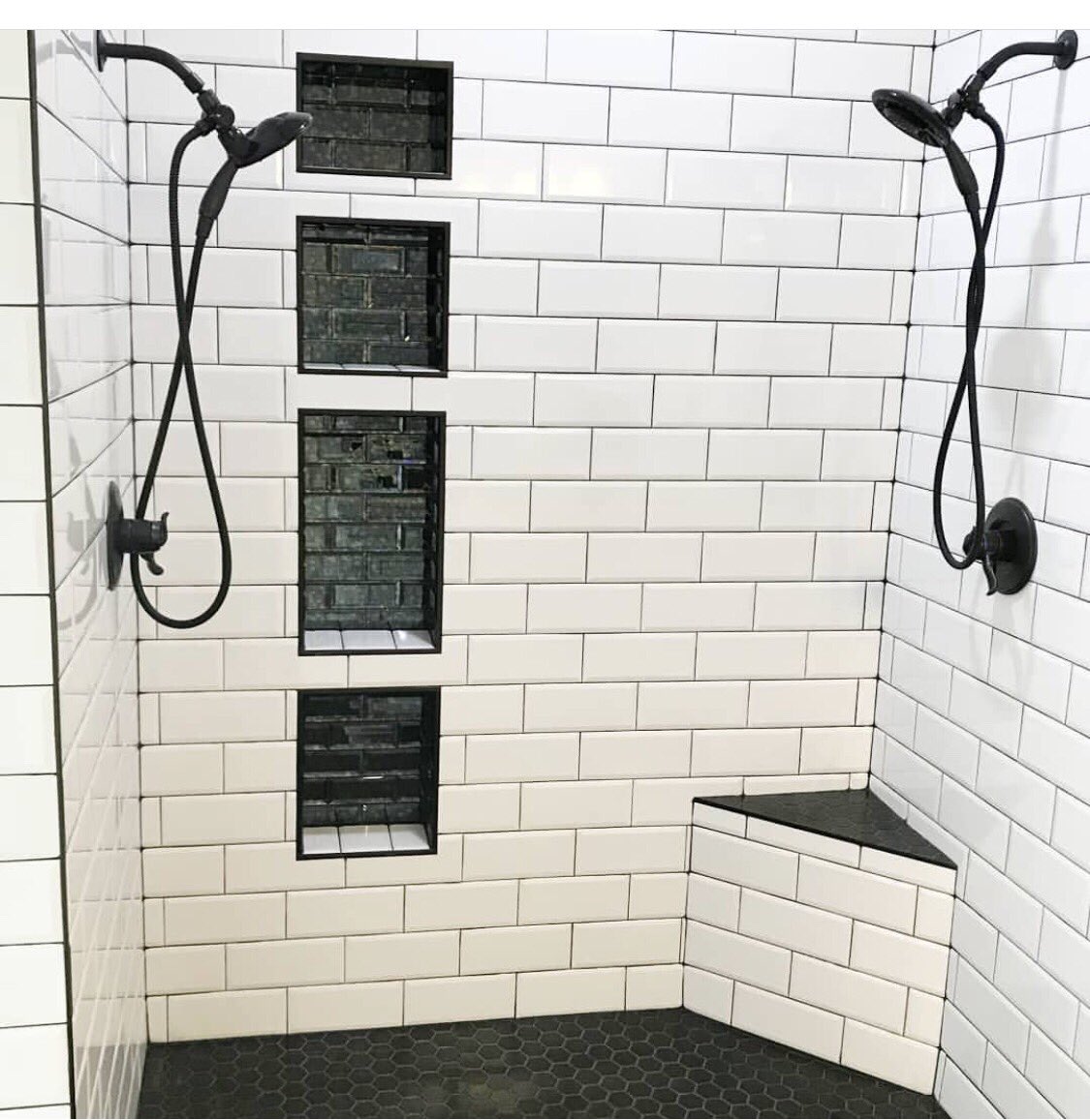 Medfordbedro's tweet photo. Beautiful tile job by Sunrise tile! 
Our beveled traditions ice white with contrasting black grout. 
Le cafe matte back hexagons and Imperial duke beveled mirror  👏👏
@BedrosiansTile https://t.co/78IW8xBSPs