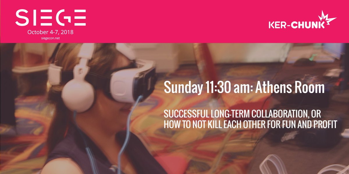 KerchunkGames's tweet photo. Join us Sunday at 11:30 am at @SIEGECON in the Athens Room

SUCCESSFUL LONG-TERM COLLABORATION, OR HOW TO NOT KILL EACH OTHER FOR FUN AND PROFIT

Working with a partner over the long term can be tough. In this presentation, we talk about overcoming the trials we have faced. https://t.co/9jlJCizG8H