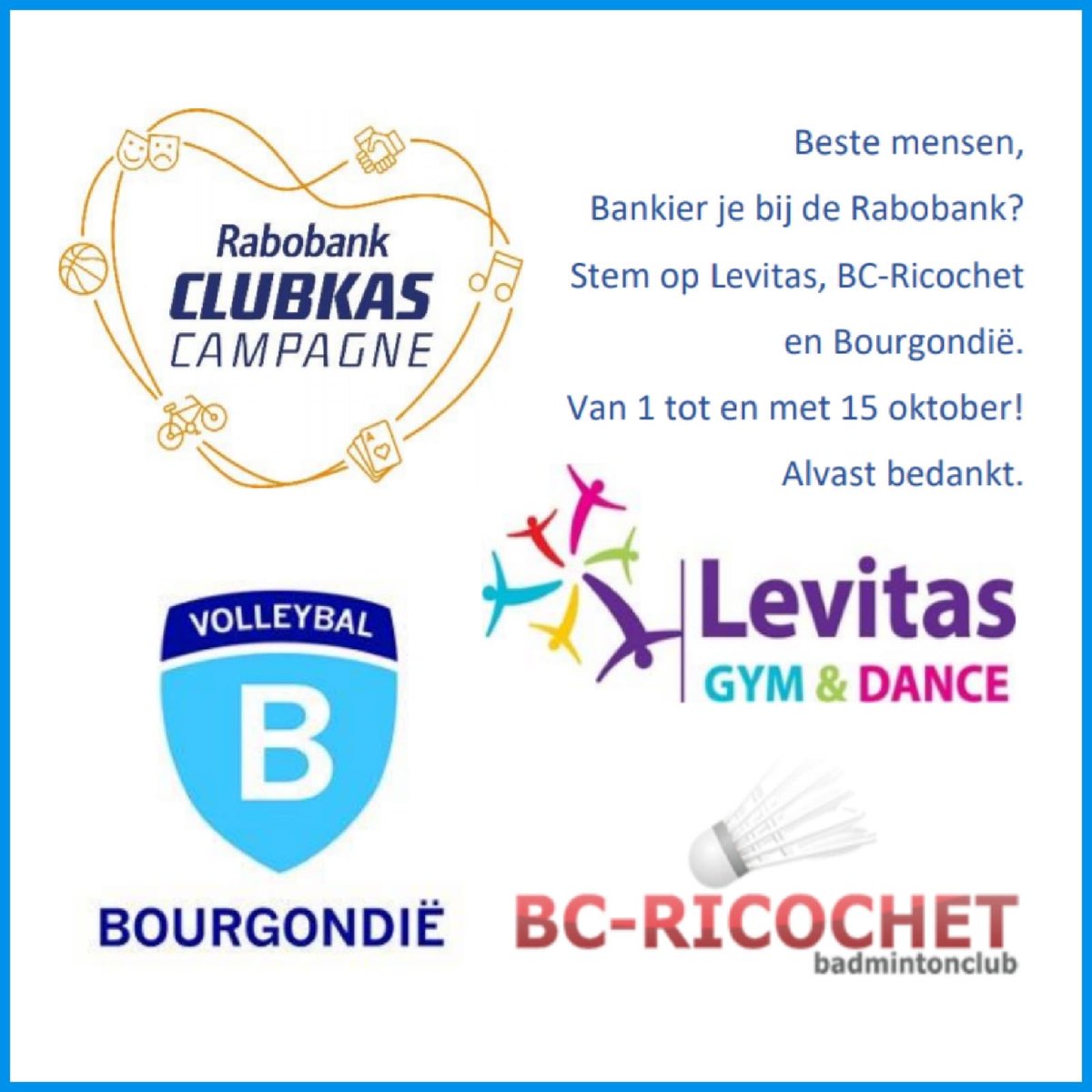 SVBourgondie's tweet photo. Stem op Volleybalvereniging Bourgondië en onze vrienden BC Ricochet en Levitas. #Wijkbijduurstede  #clubkasrh #samenwerken #Rabobank #nevobo #marienhoeve https://t.co/mVTuEy05Mg