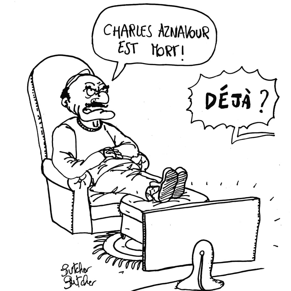 #Aznavour #DessinDePresse #Caricature #Humour #SecondDegré #Dessin #Musique #Décès #NoiretBlanc