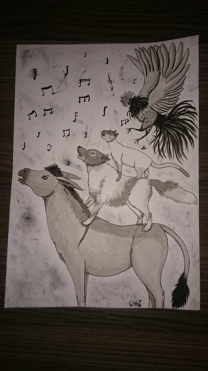 My second #Inktober #brementownmusicians #inktoberday2 #inktober2018 #fairytale #twitterart #austrianart #art #artist #traditionalart #inkart #artchallenge #animalart #illustration #donkey #dog #cat #rooster