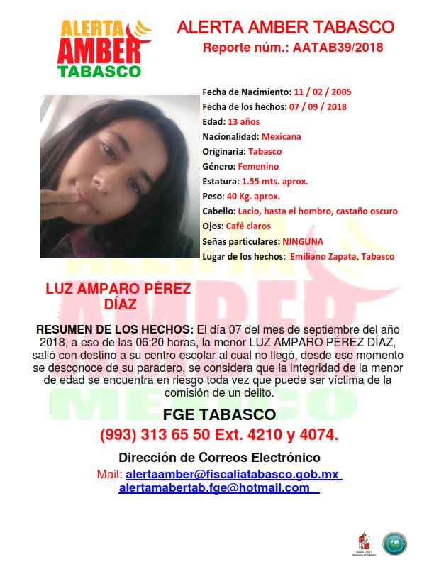 #AlertaAmberTabasco Solicita su colaboración para difundir Cédula de Alerta Amber a favor de la menor LUZ AMPARO PÉREZ DÍAZ, de 13 años de edad, quien desapareció en el Municipio de Emiliano Zapata , Tabasco #Comparte #RT