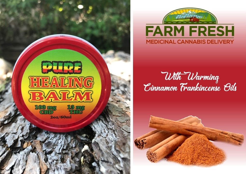 Natural Organic Pain Relieving Rub made from high CBD Cannabis infused Coconut Oil, Beeswax, Shea Butter, Arnica Oil, Frankincense Oil, Cinnamon Oil, Vitamin E Oil. #farmfreshmmd #organiccannabis #purehealingbalm #sungrownmeds #crestline #lakearrowhead #runningsprings #instaweed