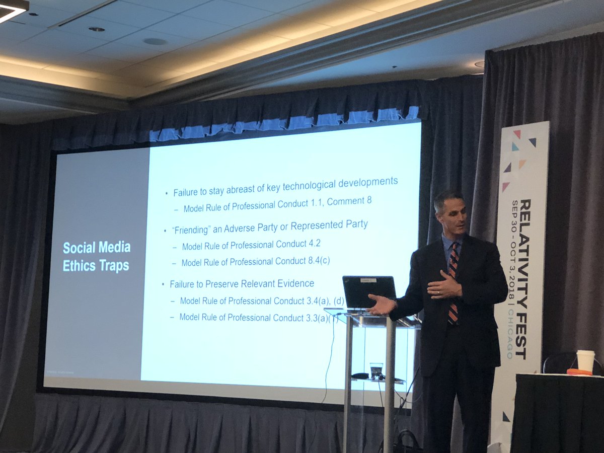 DavidHorrigan's tweet photo. At #RelativityFest #SocialMedia #Law Panel, @PhilipFavro of @Driven_Inc on #legal ethics traps under the #ModelRules https://t.co/FNeUv5mKhH