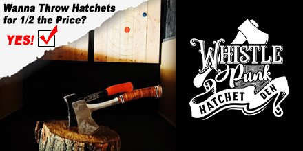 959TheRat's tweet photo. #ad @whistlepunkden has your chance to throw a hatchet for half the price! Go to WRAT's site and grab the deal while it lasts! https://t.co/dI84nnlPz3 #GrabYourCrew https://t.co/pAPN4s3uHY