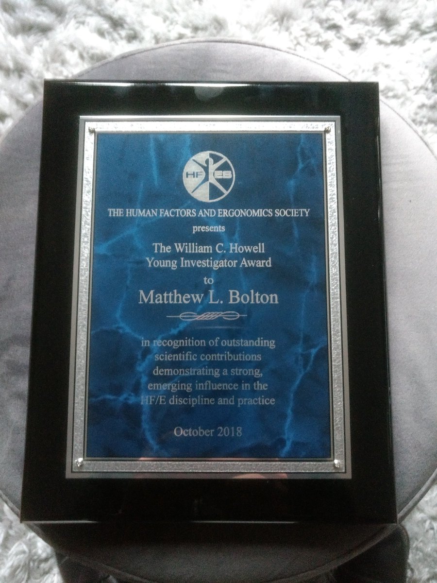 DrMatthewBolton's tweet photo. Dr. Matthew L. Bolton was awarded the William C. Howell Young Investigator Award by the Human Factors and Ergonomics Society (@HFES) at the 2018 Annual Meeting.
  
 @UBSTEM @UB_ISE @UBengineering @ubHFES #humanfactors https://t.co/J4TOY9wQwl