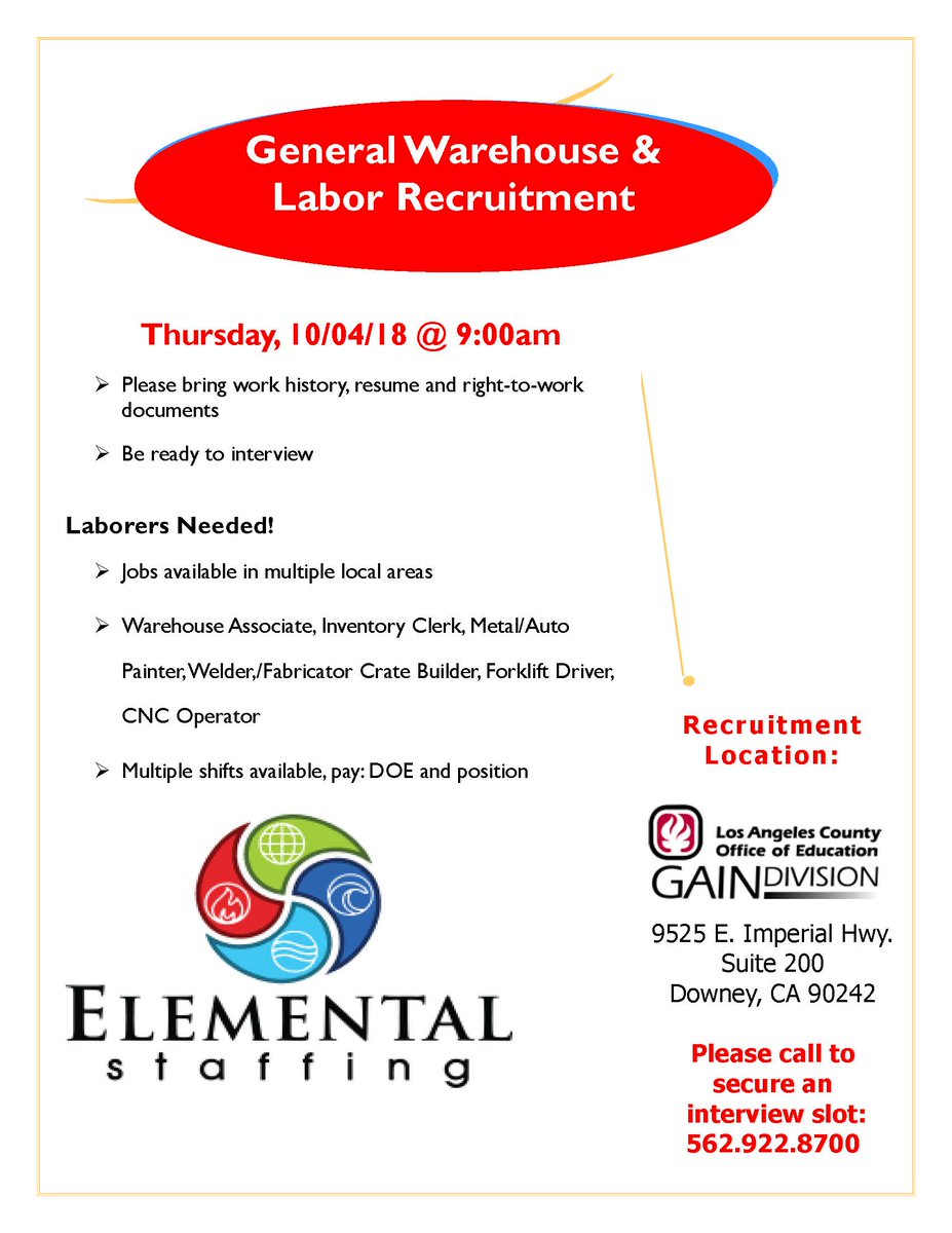 LACOEGAINcvc's tweet photo. #ElementalStaffing seeking #Warehouse, #Inventory, #AutoPainter, #Welder, #Forklift and #CNCOperator, in multiple areas.  At: LACOE GAIN-Downey Job Club 9525 Imperial Hwy, #200, Downey, CA, 90242. On Thurs., 10/4/18 @ 9am. Call 562-922-8700 to RVSP. #lacoegain, #lacoe_gainJGV https://t.co/FYv3tQEeHJ