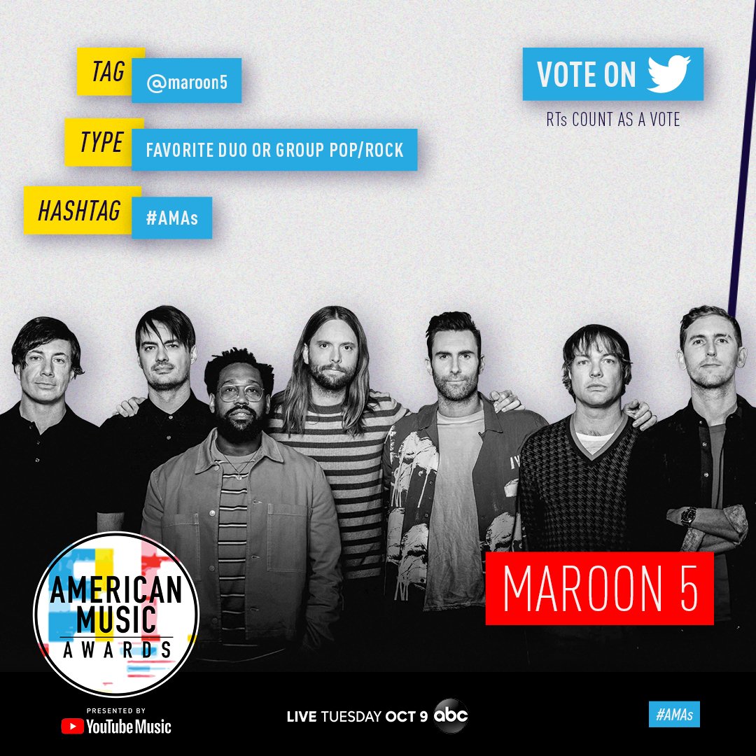 maroon5's tweet photo. Voting for the @AMAs closes THIS THURSDAY! Tweet @maroon5 + Favorite Duo or Group Pop/Rock + #AMAs or RT to vote for us at the @AMAs! https://t.co/VCbrCUjR8U