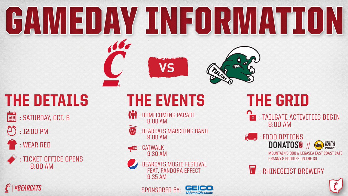 Rock your best 🔴 outfit &amp; make the most of #UCHomecoming this weekend!

Check 👇 for all the info.

#Bearcats | #StandFirstAndLast