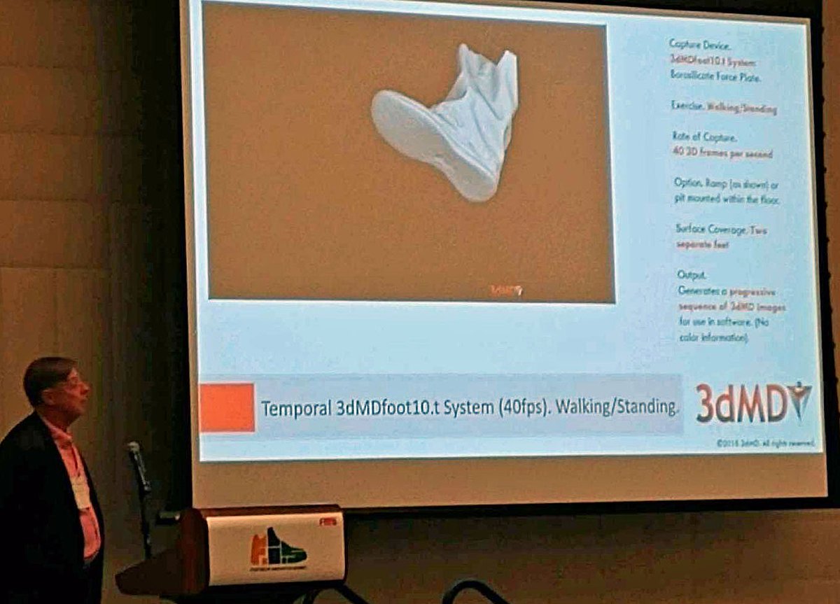 3dMD's tweet photo. #3dMD CEO Chris Lane presents the latest advancements in 3D/4D foot motion capture, which will help shape the future of footwear design, @FISSummit (Footwear Innovation Summit) in Los Angeles. #3Dfootscanner #futureofretail https://t.co/wpParhdzxj
