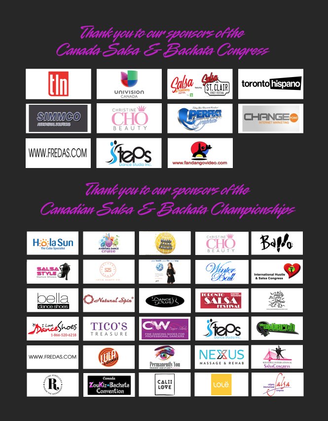 CanSalsaCongres's tweet photo. Thank you to all of our generous sponsors. Our platinum and gold sponsors: TLN Telelatino Network, Univision Canada, Salsa on St. Clair Street Festival, Hola Sun Holidays and Aventura Dance Cruise!
. 
Thank you to all of our wonderful competition sponsors 
https://t.co/wGtNbPMM4m https://t.co/Dp2iBXt8mN