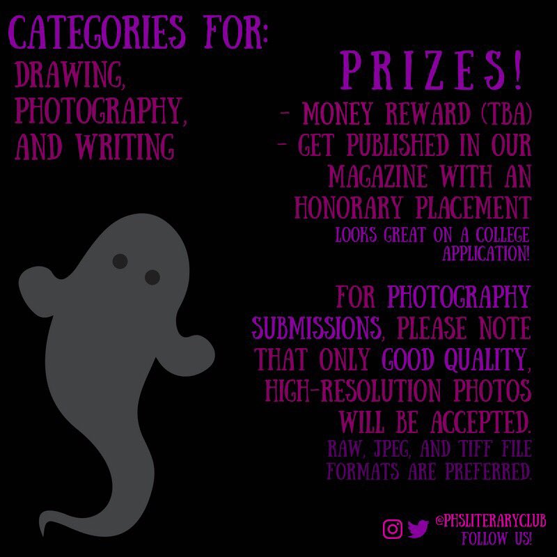 Participate in Plant’s Literary Club Spooky Writing Competition! Submissions are due Friday November 2nd. Submissions can be turned in to Room 234 or emailed to phsliteraryclub22@gmail.com. You aren’t required to be a Literary Club member. See the photos for more information!