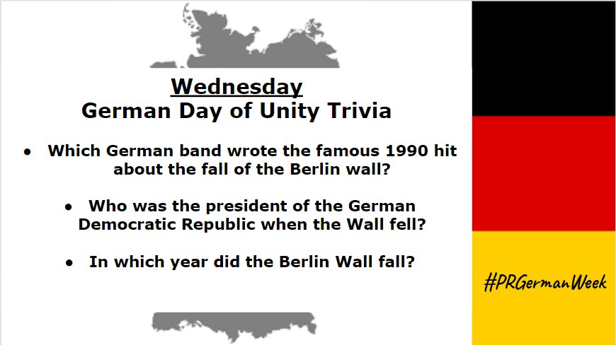 PRGermanClub's tweet image. #NationalGermanWeek Challenge Day 3:  Day of German Unity.  Come to S201 and answer thesep questions to earn German Prizes! #PRGermanWeek @HerrProfHiggins @SKochPR @RidgeSuperfans @prwolfprints