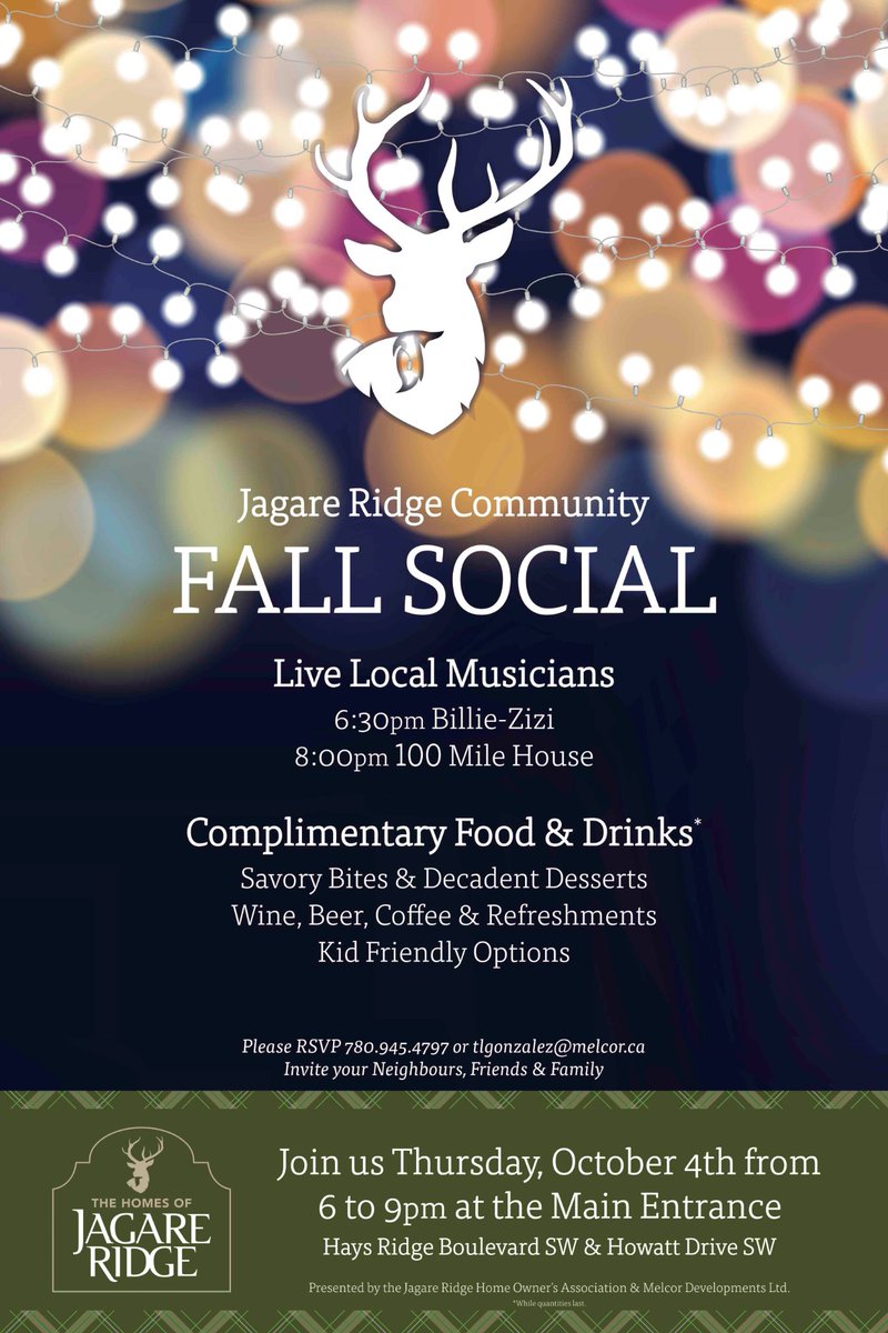 Join us this Thursday evening, Oct 4th in Jagare Ridge from 6:30-9:00pm for our Fall Community Social! Get a feel of the community, meet your neighbours &amp; visit the showhomes!  Come socialize! Stop by 1309 Hainstock Way SW. Make sure to RSVP to the event! See you Thursday!