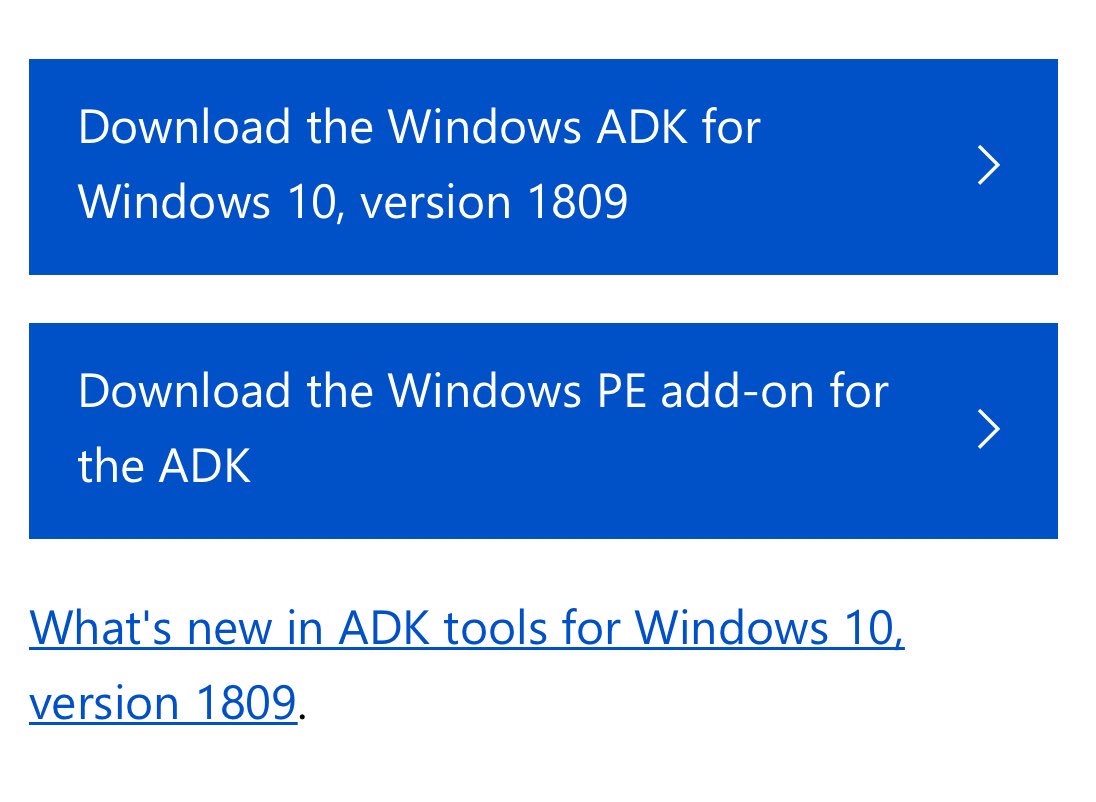 Interesting: Starting with Windows 10, version 1809, WinPE is released separately from the ADK. To add WinPE to your ADK installation, download the Windows PE Addon and run the included installer after installing the ADK. This change enables post-RTM updates to tools in the ADK.