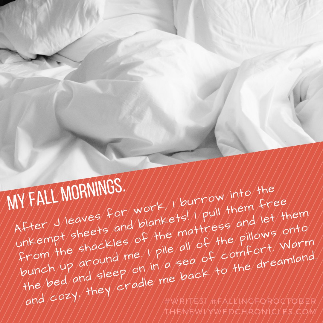 thenewlywedchr1's tweet photo. The only thing I like better than my warm and comfy bed on a cool Fall morning is a hot cup of Pumpkin Spice coffee!!! #blogtober #write31 #fallingforfall #daytwo #fallmornings https://t.co/R6JwubYrId