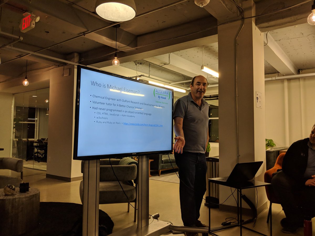 OmbuLabs's tweet photo. Michael Eiseman talking about his experience building Algebra By Hand as a new programmer #phillyrb https://t.co/enCZEjNNJp