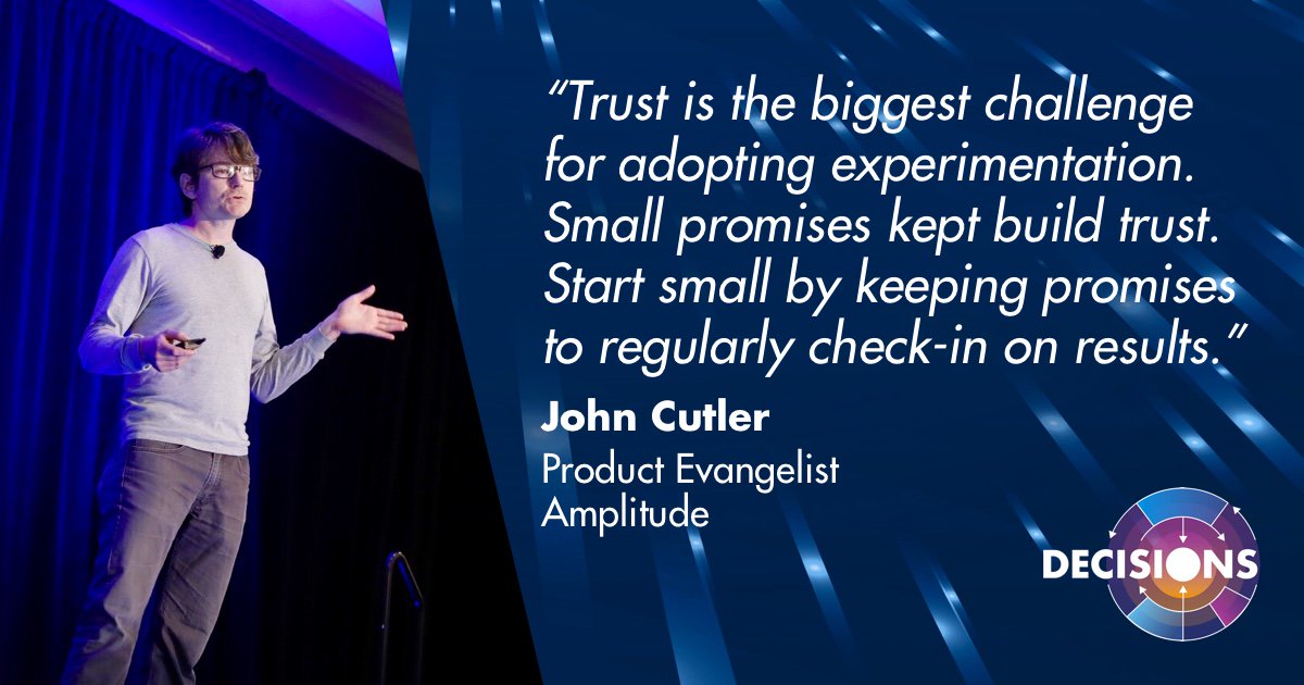 SplitSoftware's tweet photo. Tip from @johncutlefish on how to start building an experimentation-friendly culture: "Trust is the biggest challenge for adopting experimentation. Small promises kept build trust. Start small by keeping promises to regularly check in on results."  #Decisions2018 https://t.co/Aa9FotLqvA
