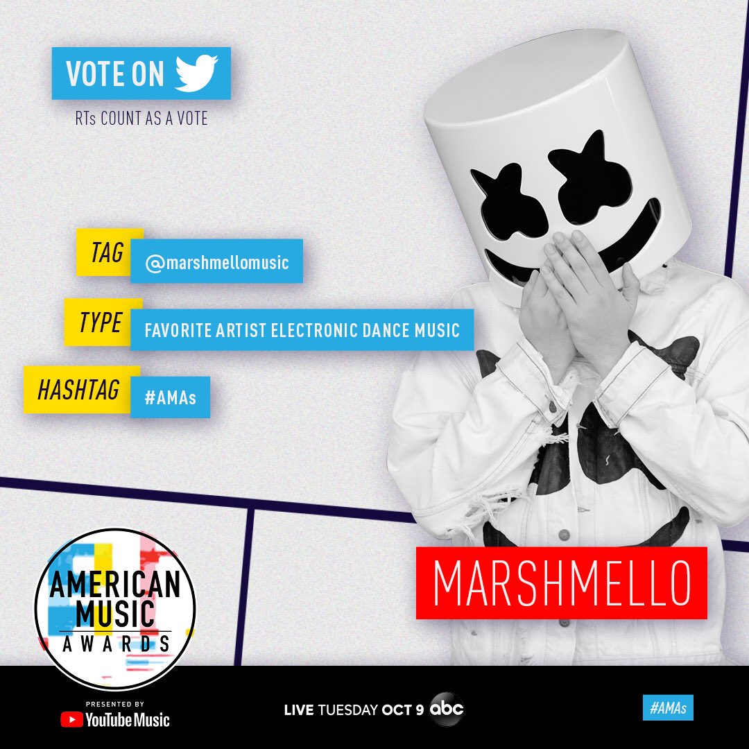 marshmello's tweet photo. Voting for the @AMAs closes THIS THURSDAY! Tweet @marshmellomusic + Favorite Artist Electronic Dance Music + #AMAs or RT to vote for me! https://t.co/gk30nfjMj5