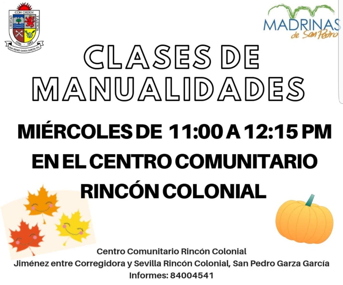 Te esperamos en las clases de Manualidades, todos los miércoles  de 11:00am a 12:15 pm, en el Centro Comunitario de la col. Rincón Colonial.