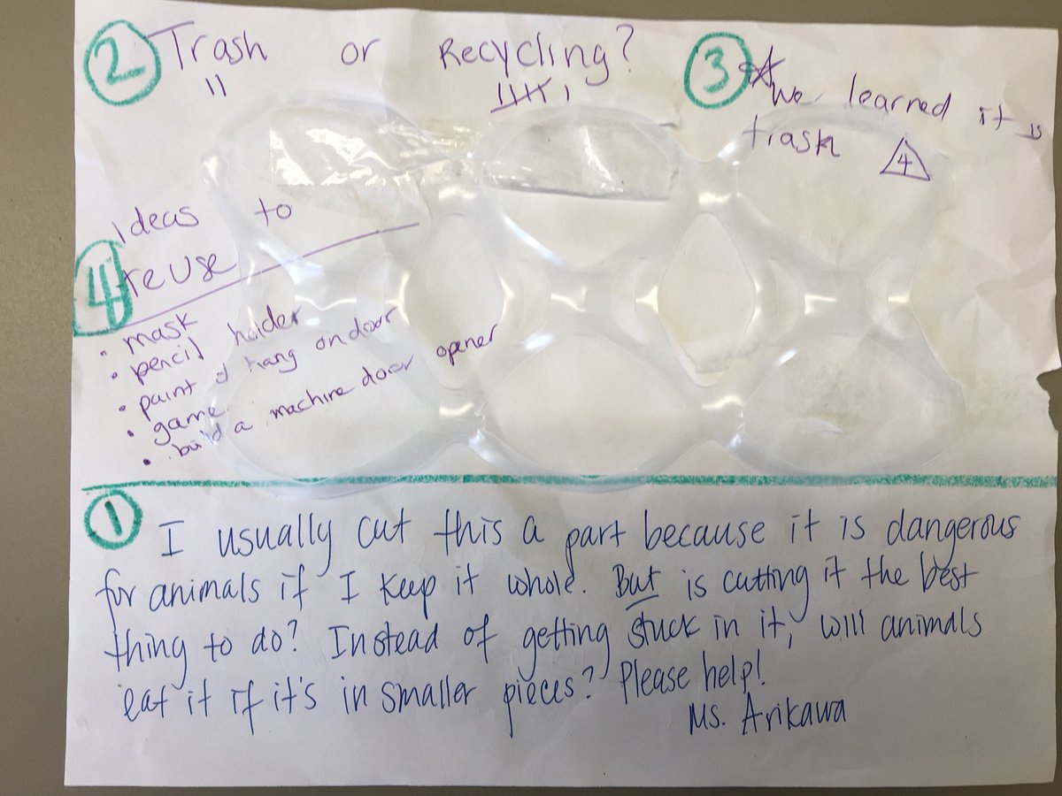 mrssinnott808's tweet photo. Plastic-Free World #pbl adventures continue! Our own @dkiesprincipal left us the 1️⃣note. 2️⃣is their debate 3️⃣application of learning 4️⃣ ideas. Their answer is yes, the animals will eat it if it’s cut into smaller pieces.Their solution, REUSE #reuse #plasticfree https://t.co/vdgGcMPpEf