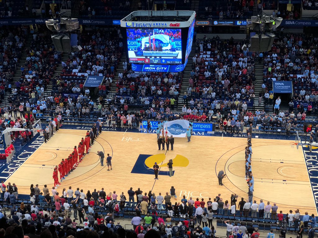 BhamCitySchools's tweet photo. #ForceForGreatness: Ramsay High School’s JROTC presents the colors at the @BBVAShowdown! https://t.co/gjvKhEFAKN