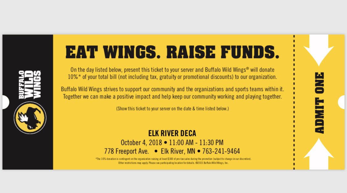 kenziethom's tweet photo. On October 4th, come to the DECA dine-in night at Buffalo Wild Wings in Elk River to help fundraise for our Tackle Cancer Week. We would love for you to bring your family and friends. Make sure to mention you are supporting DECA, hope to see you there! https://t.co/snOkyZLjao