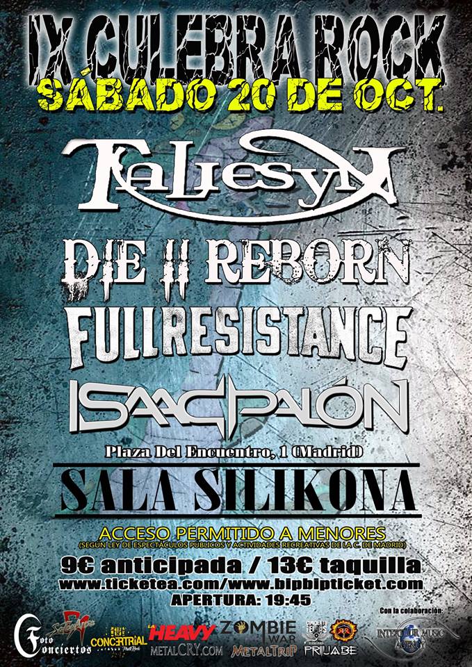 🤟¿Os vemos en Madrid?🤟

<a href="/TaliesynRock/">Taliesyn</a> el 20 de Octubre en <a href="/salasilikona/">SalaSilikona</a> en el #IXCulebraRock junto a <a href="/dieiireborn/">Die II Reborn</a>, <a href="/Fullresistance/">Fullresistance</a> e <a href="/IsaacPalon/">Isaac Palón</a> 

👉Anticipadas en: 
ticketea.com/entradas-festi…
bipbipticket.com/home/ix_culebr…
*
*
#Taliesyn #Heridas #Madrid #España #Hardrock #Rock #Metal