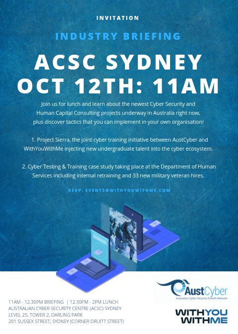 wywmfierce's tweet photo. Sydney-based? Passionate about both cyber security AND people? Tired of fishing from the same talent pool? ๐ฃ Join us next Friday lunchtime to learn about the latest Human Capital projects underway in Australia! @AustCyber #CyberTalent #BeFierce #ProjectSierra #WithYouWithMe https://t.co/vsNBGxFe3L