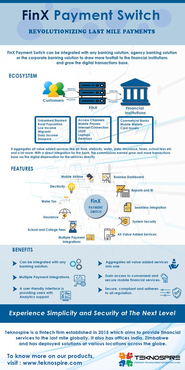 teknospireTech's tweet photo. The #FinXPaymentSwitch with features such as #BankingSolutionIntegration& #ValueAddedServicesAggregation has ensured that the #LastMile #DigitalTransactionsBase improves. Peruse our #ProductInfographic to know its other features and #SynergiesWithTeknospire.
@smithshny @LThampi https://t.co/CAUM7yncDp