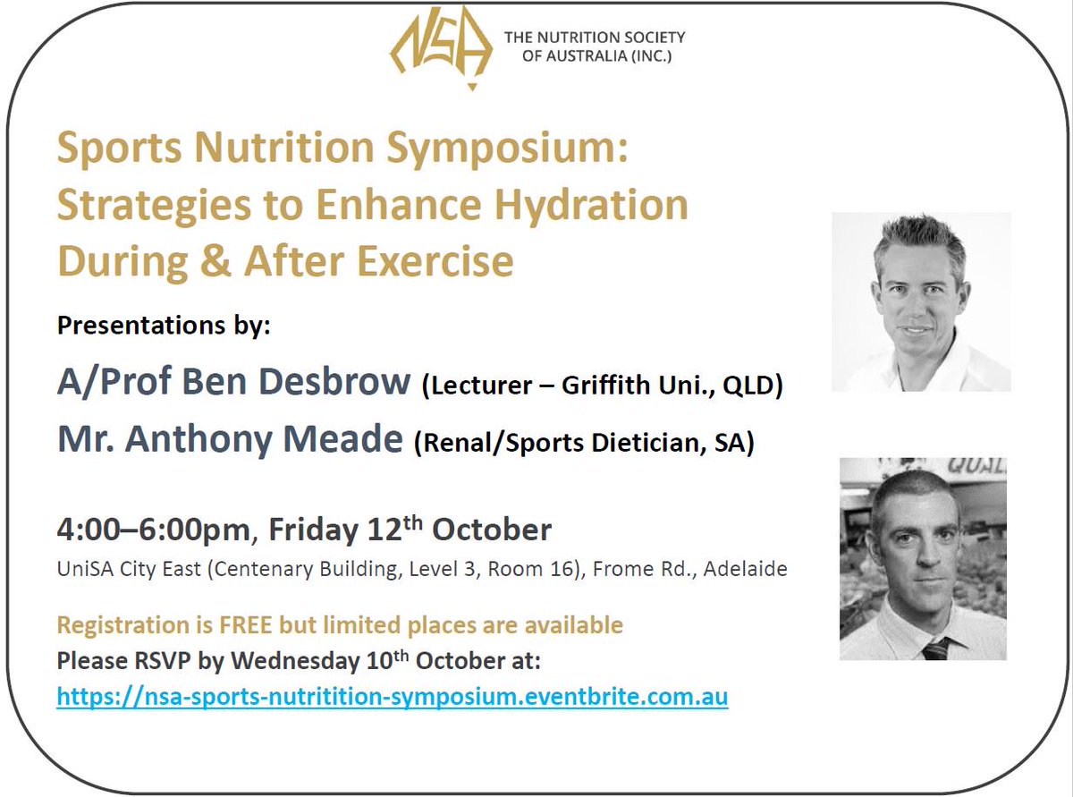 DamienB001's tweet photo. If you are in #Adelaide on Friday next week come along to our Sports Nutrition Symposium to hear the latest research and insights from @bendesbrow and @RenalNutrition  All welcome!
https://t.co/aXakNalwUx 
#research #sportsnutrition #hydration #caffeine @nutsocaus @nsaadelaide https://t.co/HtL5uUXPbw