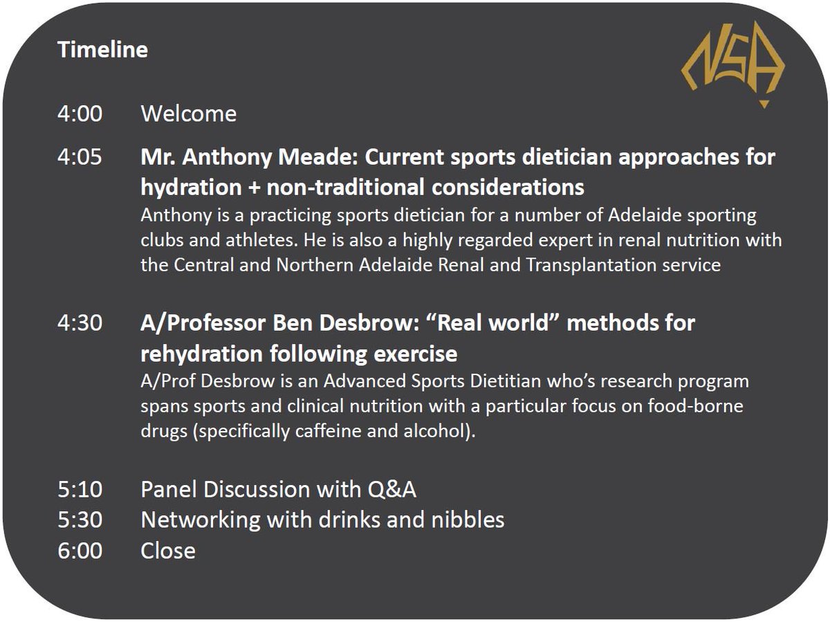 If you are in #Adelaide on Friday next week come along to our Sports Nutrition Symposium to hear the latest research and insights from <a href="/bendesbrow/">Dr Ben Desbrow</a> and <a href="/RenalNutrition/">Anthony Meade</a>  All welcome!
…tritition-symposium.eventbrite.com.au 
#research #sportsnutrition #hydration #caffeine <a href="/nutsocaus/">NSA</a> <a href="/nsaadelaide/">NSA Adelaide</a>