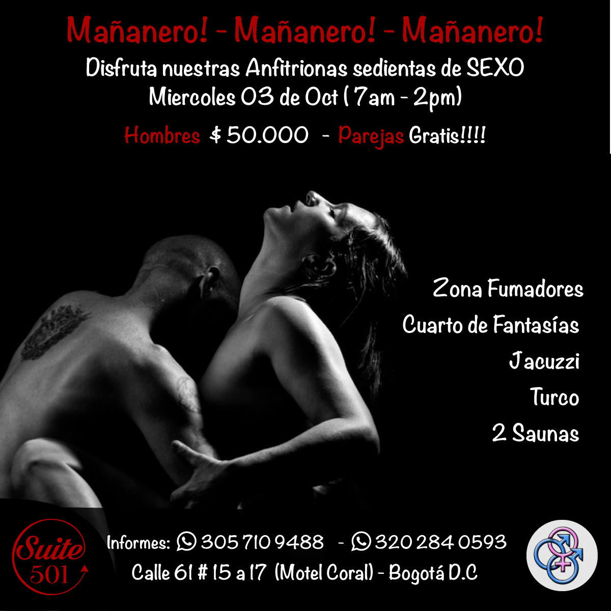 Suiteco501's tweet photo. Nos vemos mañana!, instalaciones a tu altura 😈 ¡Ven y Satisface nuestras anfitrionas!, te esperamos en nuestro mañanero, mañana desde las 7am, Parejas confirmadas! . RT!! 📲 305 7109488 - 320 284 0593 @eventosswinger2 #swingerbogota #orgiasbogota https://t.co/bPemuAfLcu